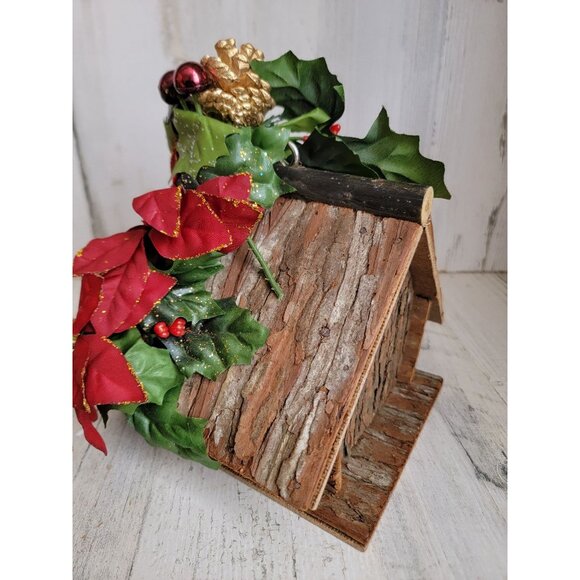 Wooden Birdhouse ponsieta bow holiday xmas decor home - Picture 4 of 8